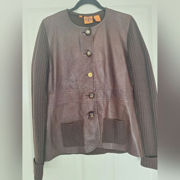 Tory Burch Brown Leather Cachemere Jacket Fitted Desing Size L - Picture 1 of 6